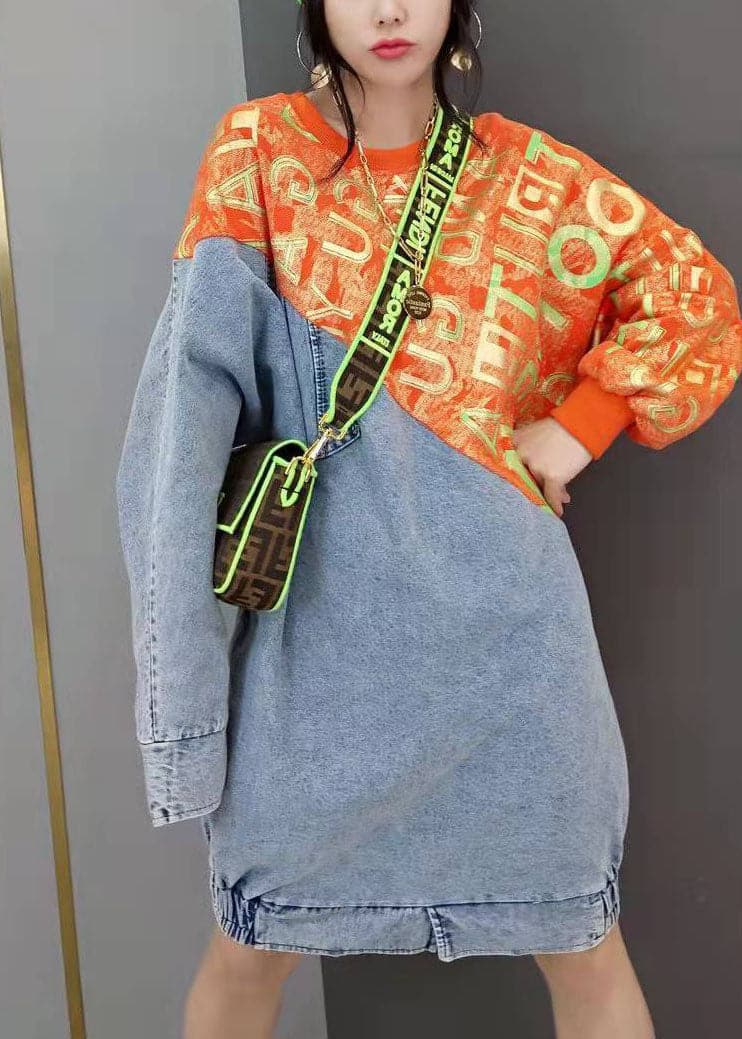 Women Red O-Neck print knit Patchwork denim Dresses Spring JDML-FDM220128