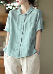 Women Solid Light Blue Double Breast Linen Shirt Tops Short Sleeve GK-STP220506