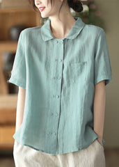 Women Solid Light Blue Double Breast Linen Shirt Tops Short Sleeve GK-STP220506