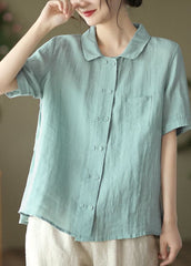 Women Solid Light Blue Double Breast Linen Shirt Tops Short Sleeve GK-STP220506