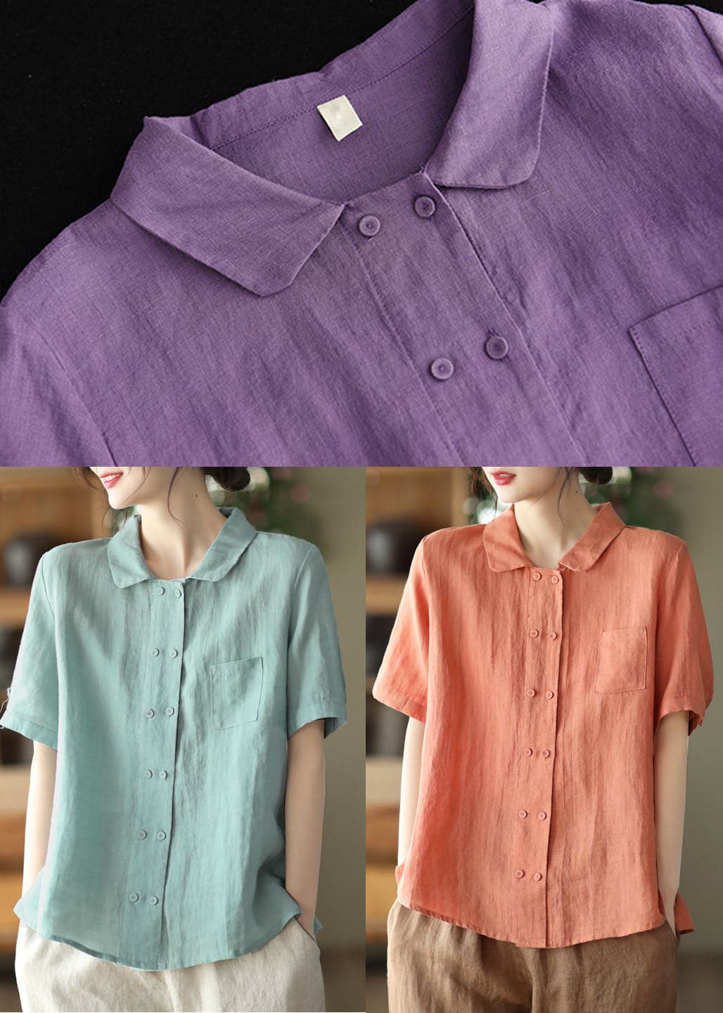 Women Solid Light Blue Double Breast Linen Shirt Tops Short Sleeve GK-STP220506