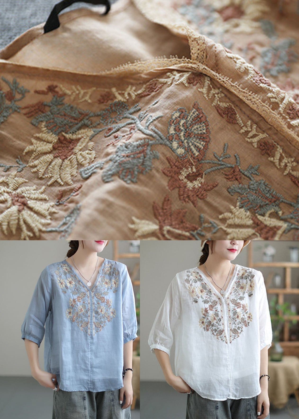 Women White V Neck Embroideried Linen Blouse Tops Half Sleeve GK-HTP220509