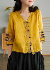 Women Yellow Casual Ramie Cardigan Embroidered Shirt GK-HTP210709