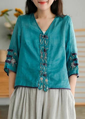 Women Yellow Casual Ramie Cardigan Embroidered Shirt GK-HTP210709