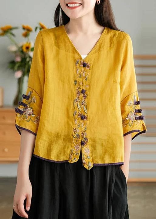 Women Yellow Casual Ramie Cardigan Embroidered Shirt GK-HTP210709