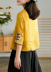 Women Yellow Casual Ramie Cardigan Embroidered Shirt GK-HTP210709