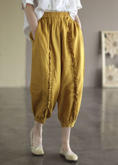 Women Yellow Elastic Waist Ruffled Pockets Linen Harem Pants Summer GK-CPTS220509