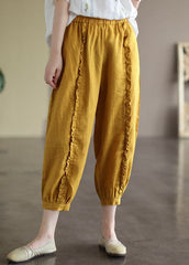 Women Yellow Elastic Waist Ruffled Pockets Linen Harem Pants Summer GK-CPTS220509