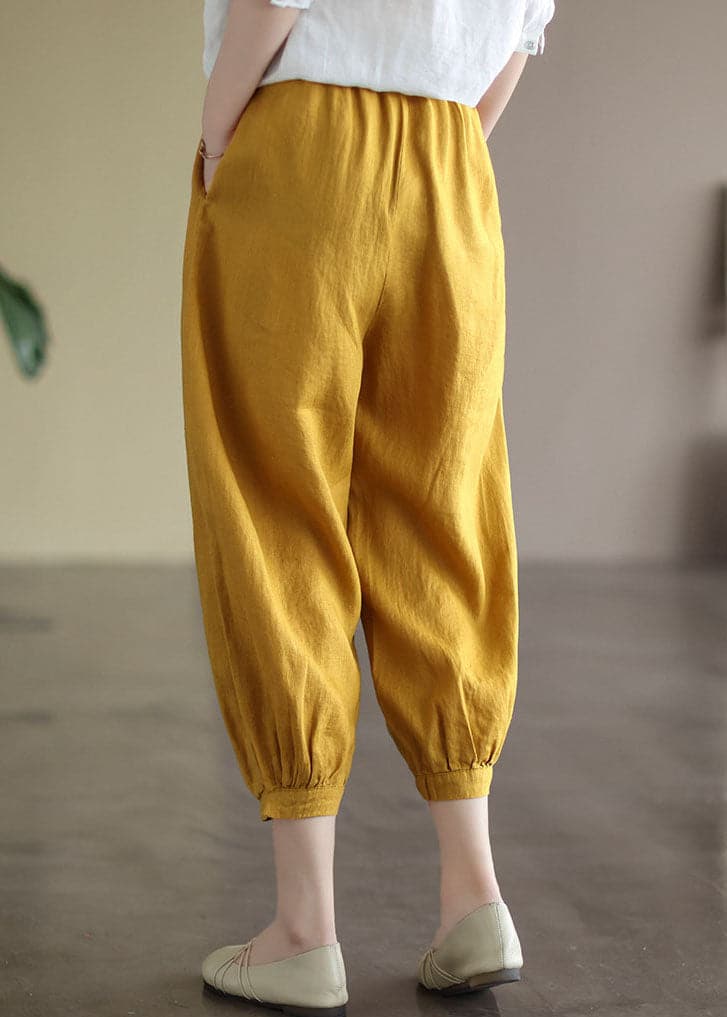 Women Yellow Elastic Waist Ruffled Pockets Linen Harem Pants Summer GK-CPTS220509