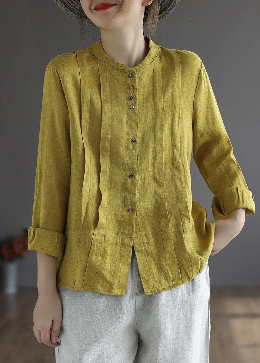 Women Yellow Elegant Button Fall Top Long Sleeve Linen GK-LTP210810