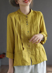 Women Yellow Elegant Button Fall Top Long Sleeve Linen GK-LTP210810