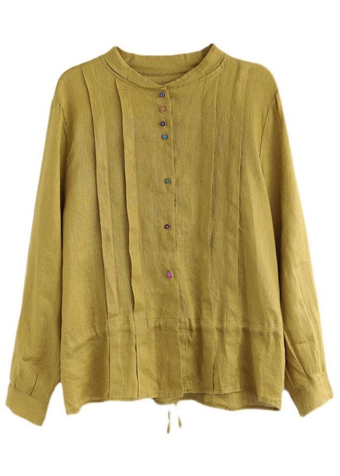 Women Yellow Elegant Button Fall Top Long Sleeve Linen GK-LTP210810