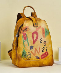 Women Yellow Graffiti Paitings Calf Leather Backpack Bag BGS211230