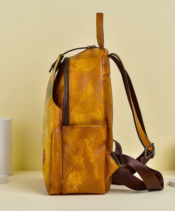 Women Yellow Graffiti Paitings Calf Leather Backpack Bag BGS211230