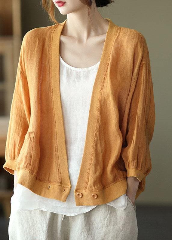 Women Yellow Patchwork Pockets Fall Button Long Sleeve Shirt Tops GK-LTP210810