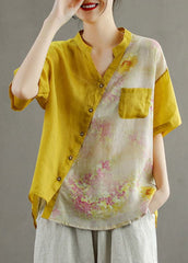 Women Yellow V Neck Asymmetrical Print Blouse Tops Short Sleeve GK-STP220328