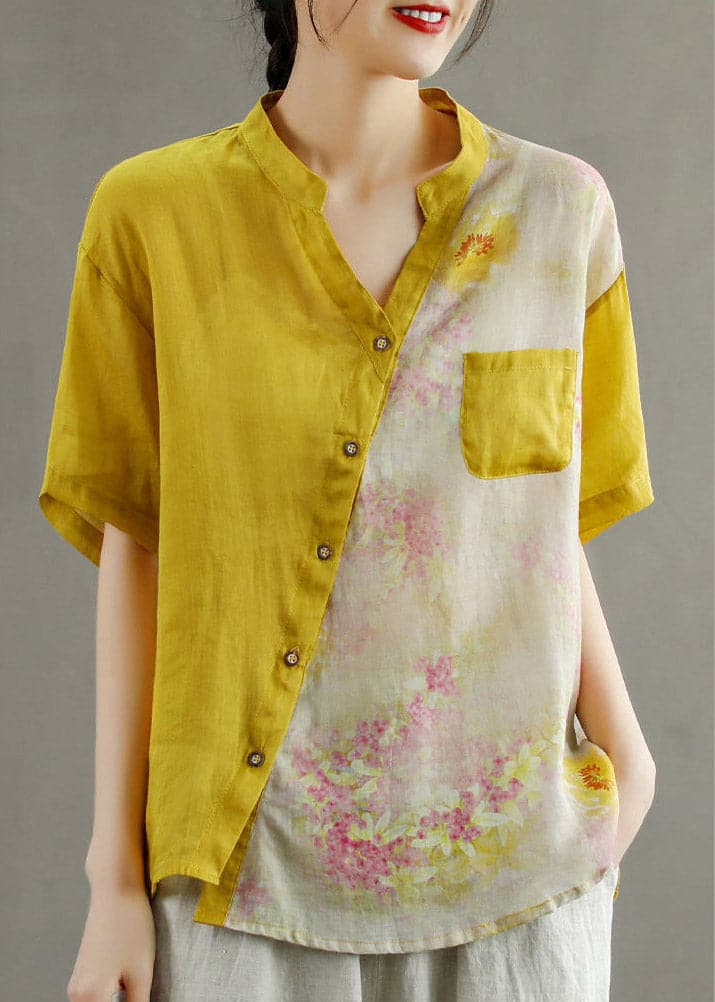 Women Yellow V Neck Asymmetrical Print Blouse Tops Short Sleeve GK-STP220328