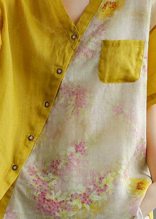 Women Yellow V Neck Asymmetrical Print Blouse Tops Short Sleeve GK-STP220328