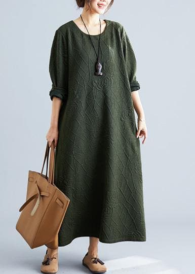 Women army green cotton dress o neck jacquard Robe fall Dresses FDL190830