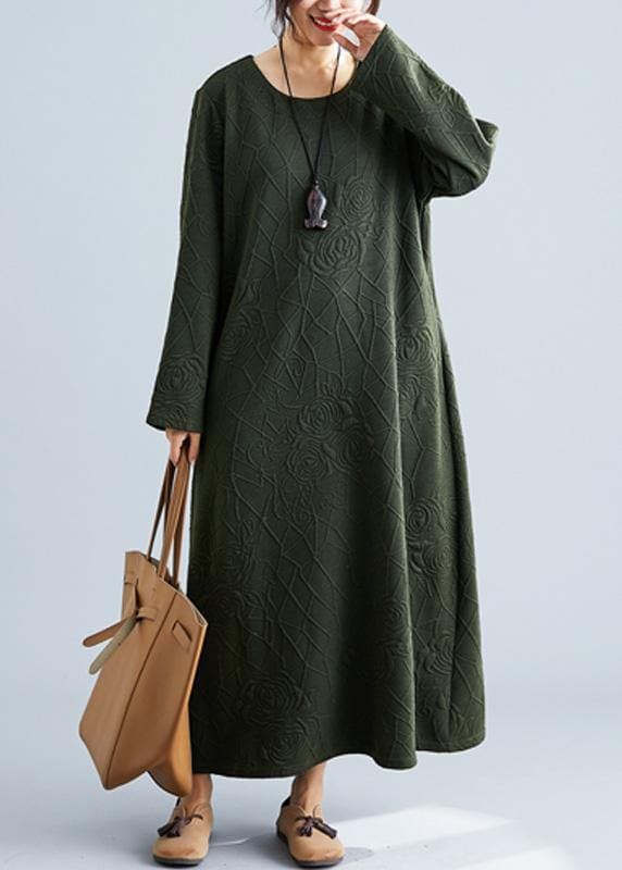 Women army green cotton dress o neck jacquard Robe fall Dresses FDL190830