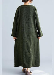 Women army green cotton dress o neck jacquard Robe fall Dresses FDL190830