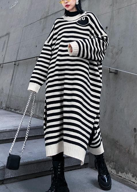 Women beige striped Sweater outfits Design o neck Hole DIY sweater dresses AT-NSD201014