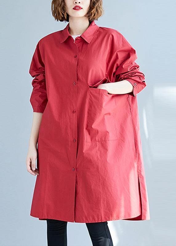 Women big pockets Cotton red long sleeve shirt Dresses fall CTS190830