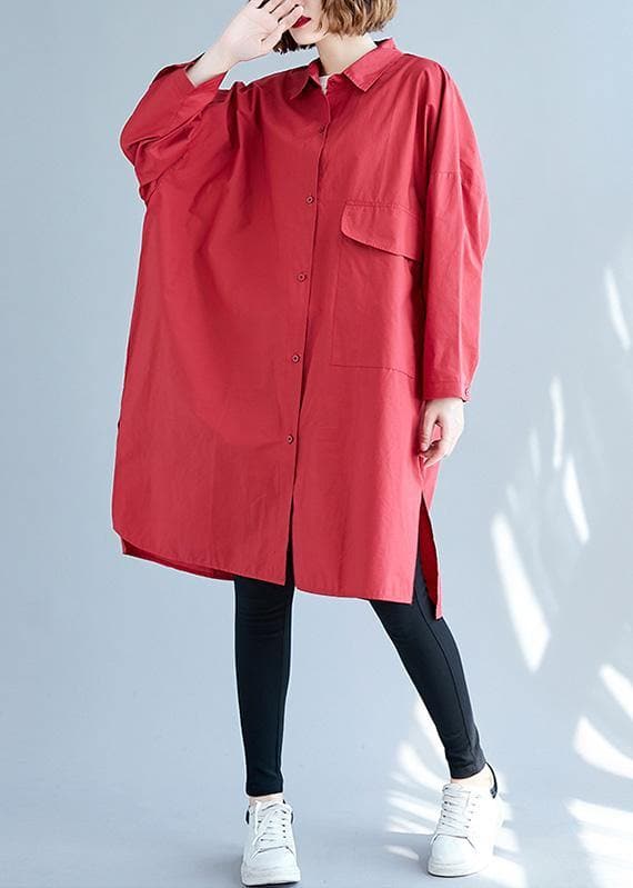 Women big pockets Cotton red long sleeve shirt Dresses fall CTS190830