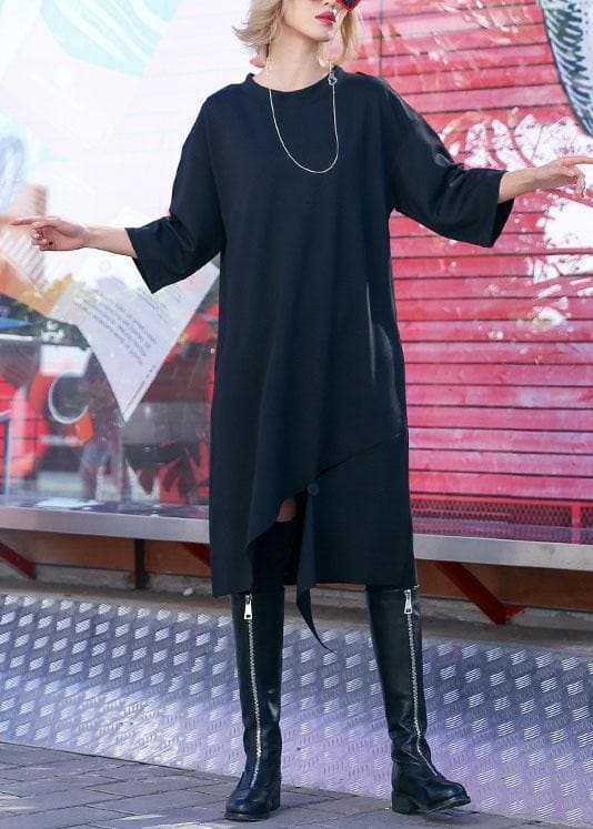 Women black Cotton Tunics open hem design loose fall Dress AT-FDM190903