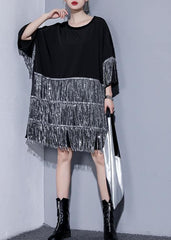 Women black Cotton dress o neck tassel summer Dresses AT-SDM190411