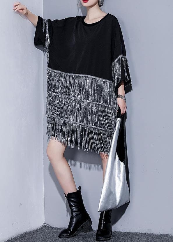 Women black Cotton dress o neck tassel summer Dresses AT-SDM190411