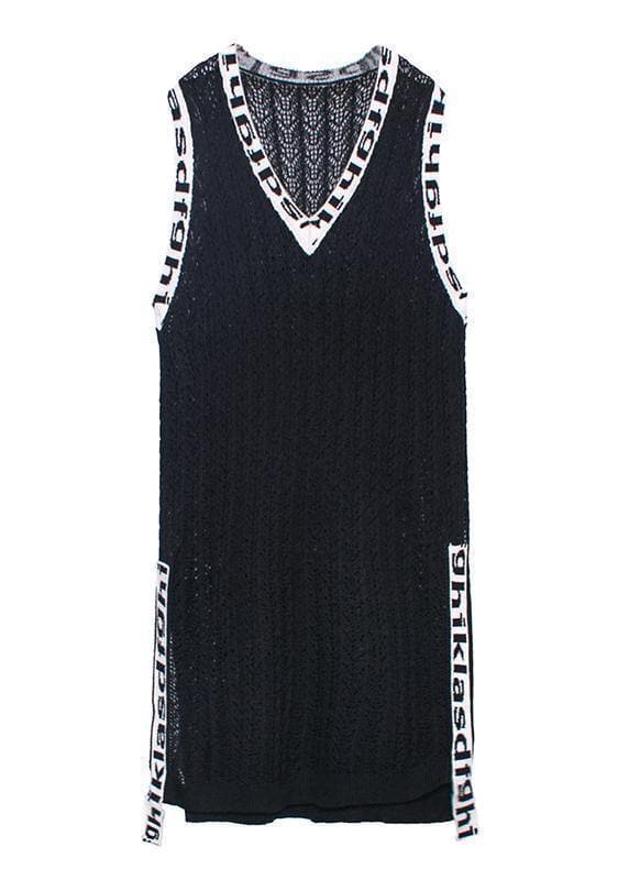 Women black Letter Sweater dresses Largo v neck side open Art  knit dress AT-FDL200812