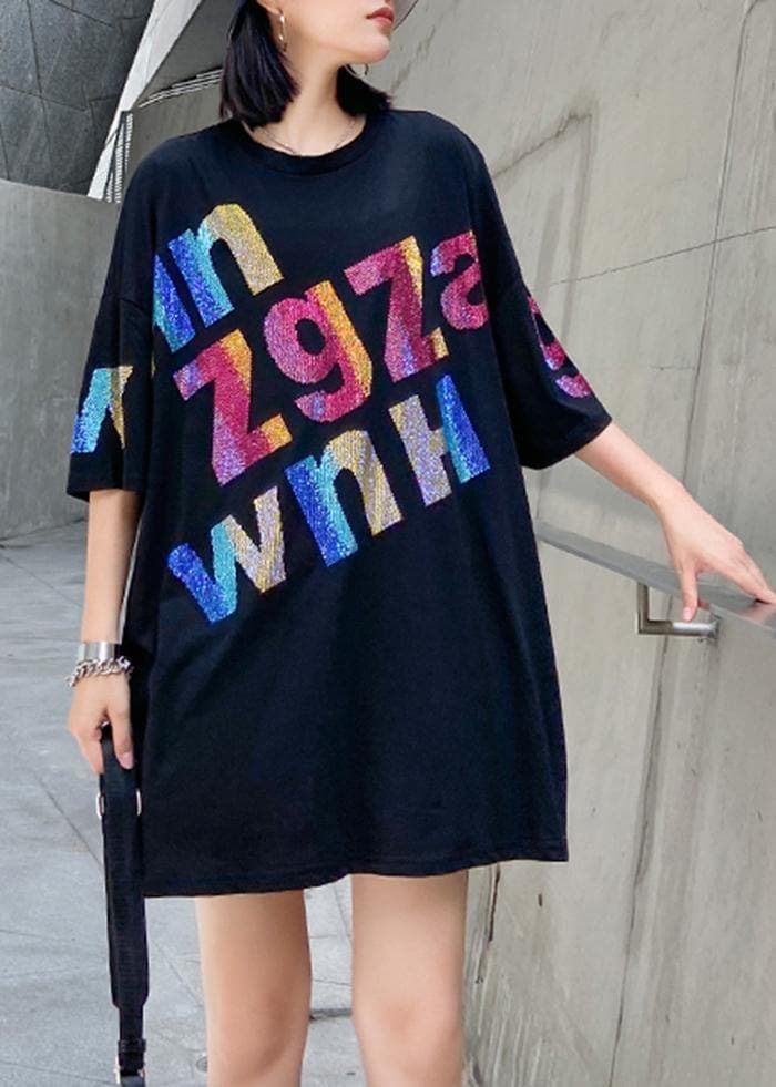 Women black Letter cotton tunic top o neck oversized blouse AT-STP200617