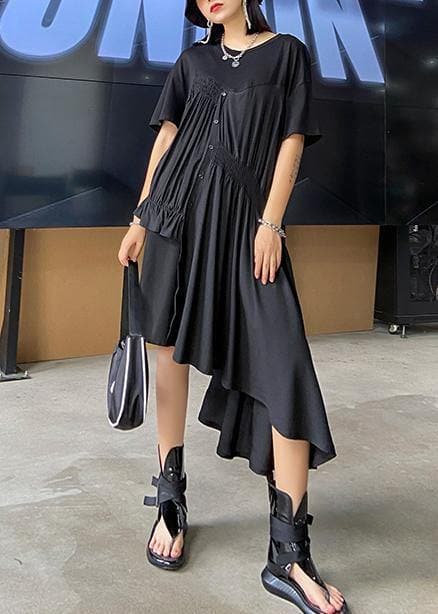 Women black Tunics o neck Cinched Maxi asymmetric Dress AT-SDL200723