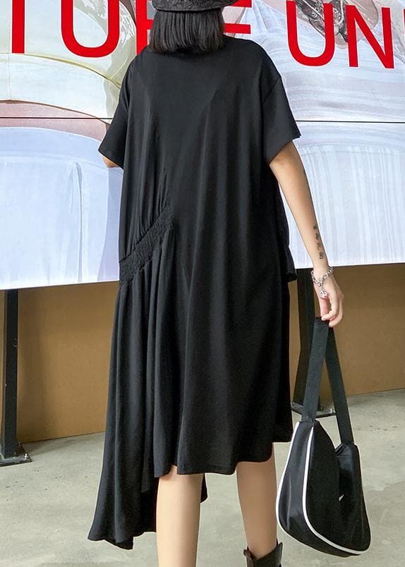 Women black Tunics o neck Cinched Maxi asymmetric Dress AT-SDL200723