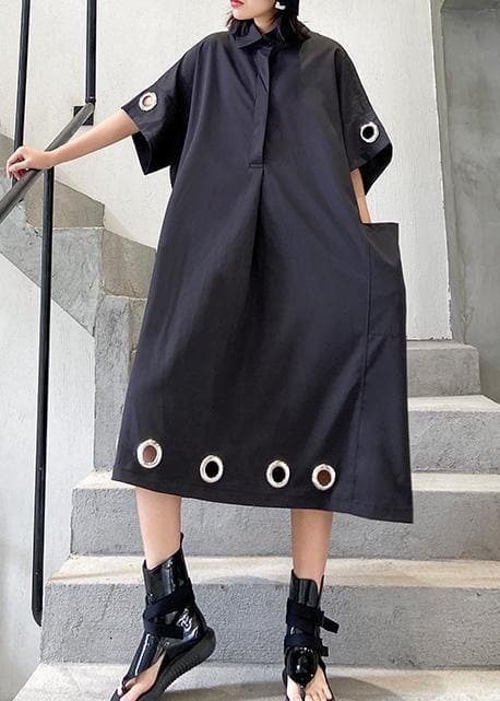 Women black cotton Tunics lapel patchwork Maxi summer Dress AT-SDL200508