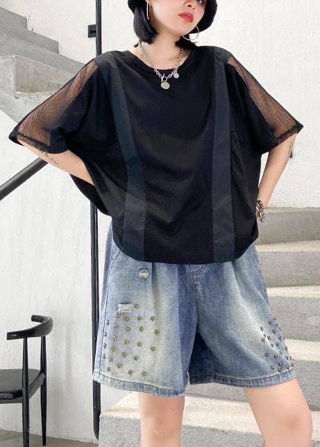 Women black cotton shirts o neck patchwork tulle summer blouses AT-STP200623