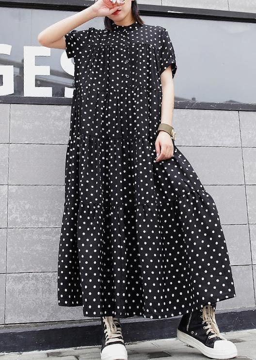 Women black dotted cotton dress stand collar Maxi summer Dress AT-SDL190411