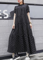 Women black dotted cotton dress stand collar Maxi summer Dress AT-SDL190411