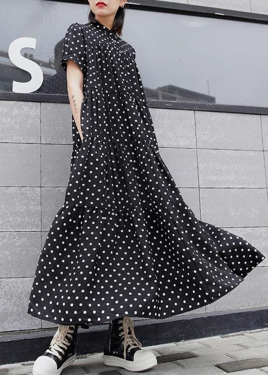 Women black dotted cotton dress stand collar Maxi summer Dress AT-SDL190411