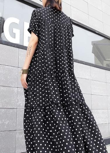 Women black dotted cotton dress stand collar Maxi summer Dress AT-SDL190411