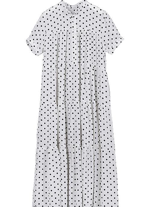 Women black dotted cotton dress stand collar Maxi summer Dress AT-SDL190411