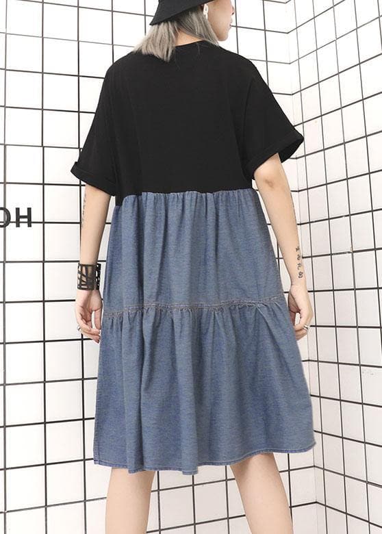 Women black high waist cotton Tunics patchwork Robe summer Dress AT-SDM190717