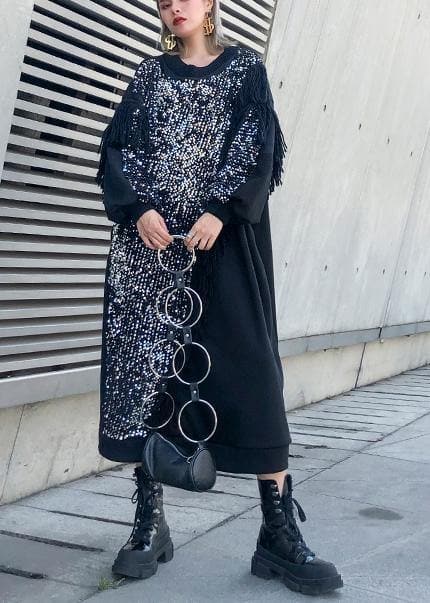 Women black patchwork cotton clothes Women o neck tassel Sequined long Dresses AT-FDL191023