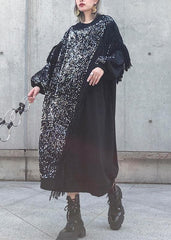 Women black patchwork cotton clothes Women o neck tassel Sequined long Dresses AT-FDL191023