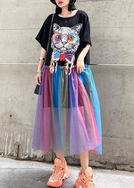 Women black print cotton dresses patchwork tulle A Line Dresses AT-SDL200617