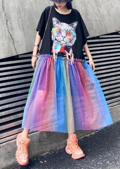 Women black print cotton dresses patchwork tulle A Line Dresses AT-SDL200617