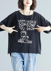 Women black print cotton linen top silhouette design o neck baggy shirt STP200409