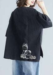 Women black print cotton linen top silhouette design o neck baggy shirt STP200409