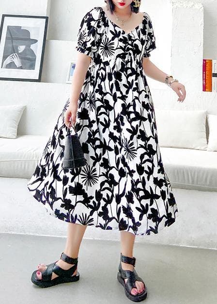 Women black print dresses v neck Cinched A Line Dress AT-SDL200723